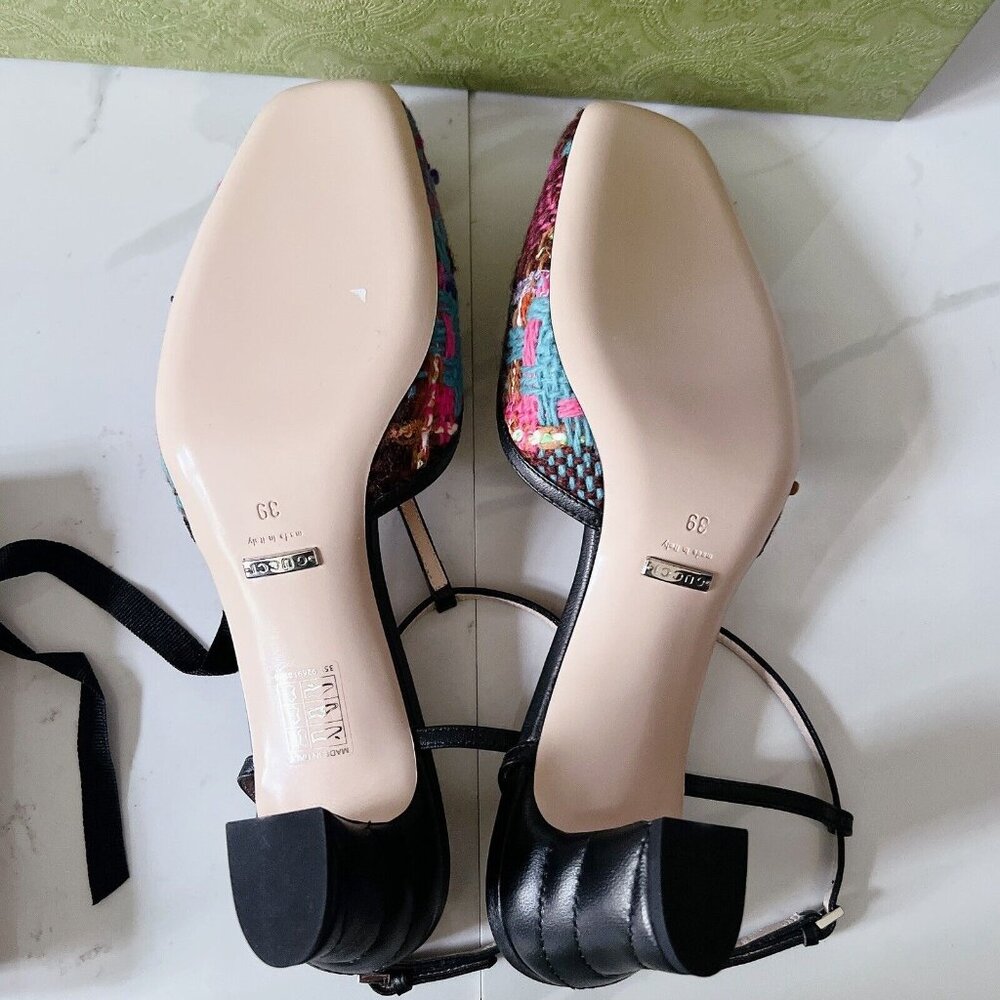 Gucci Marmont 55mm Tweed T-strap Pumps Pink/ Blue/ Black Size EU 39 - Picture 11 of 13